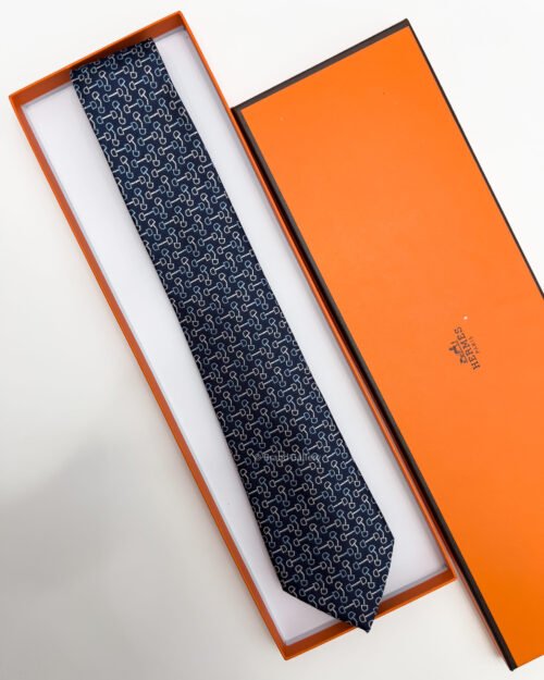 Hermes Navy MORS TRIOCOLORE SILK TIE