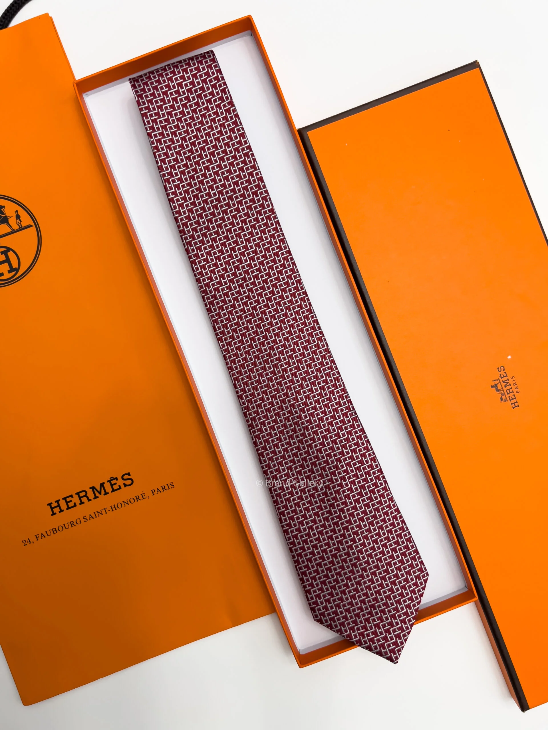 Hermes Dark Red H STAIRS PATTERN SILK TIE