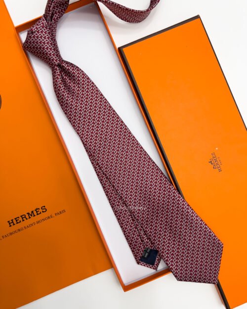 Hermes Dark Red H STAIRS PATTERN SILK TIE