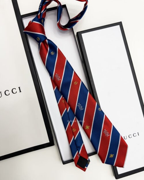 Gucci Red BEE STRIPPED SILK TIE