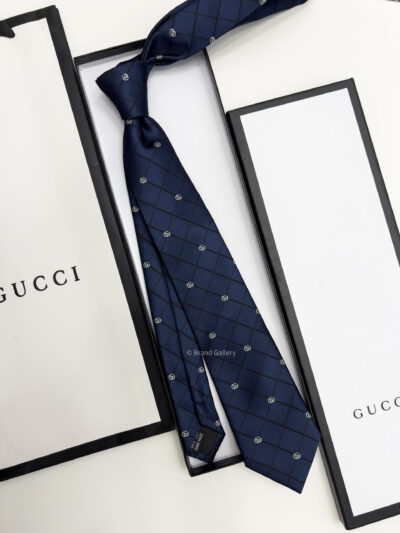 Gucci DOUBLE G AND CHECK SILK JACQUARD TIE