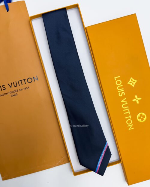 Louis Vuitton Navy BOTTOM LV STRIP SILK TIE