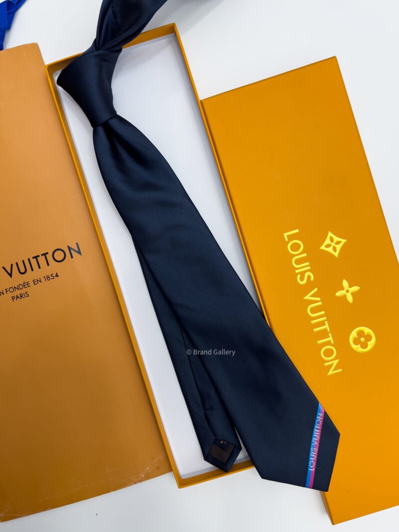Louis Vuitton Navy BOTTOM LV STRIP SILK TIE