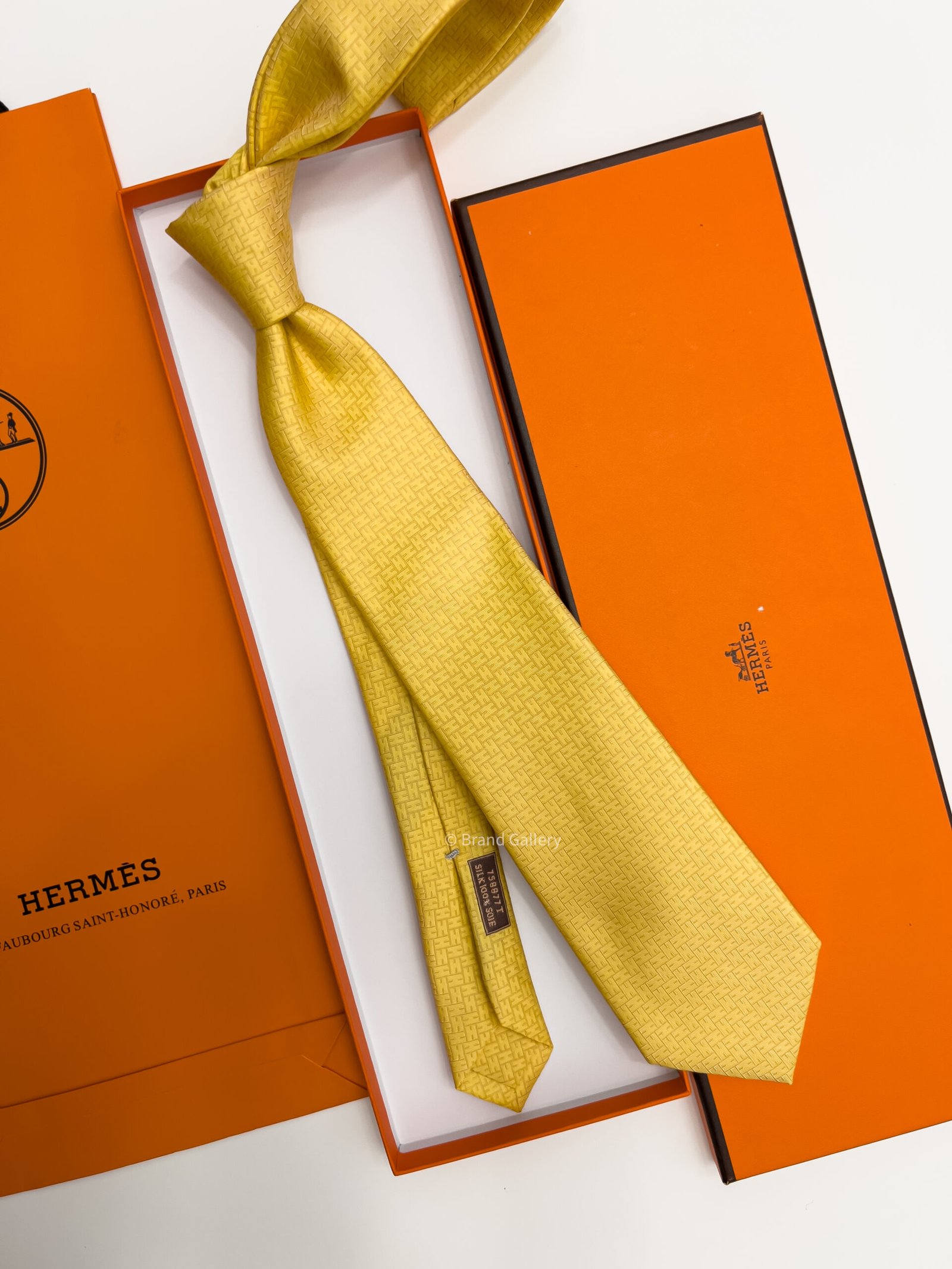 Hermes Yellow FACONNEE H SILK TIE