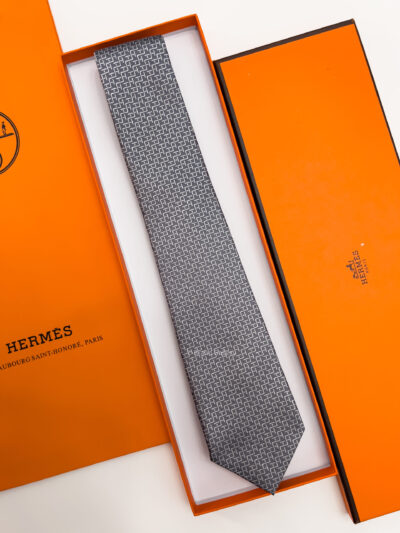 Hermes Grey H STAIRS PATTERN SILK TIE