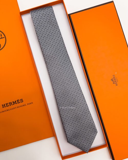 Hermes Grey H STAIRS PATTERN SILK TIE