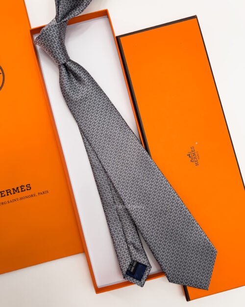 Hermes Grey H STAIRS PATTERN SILK TIE