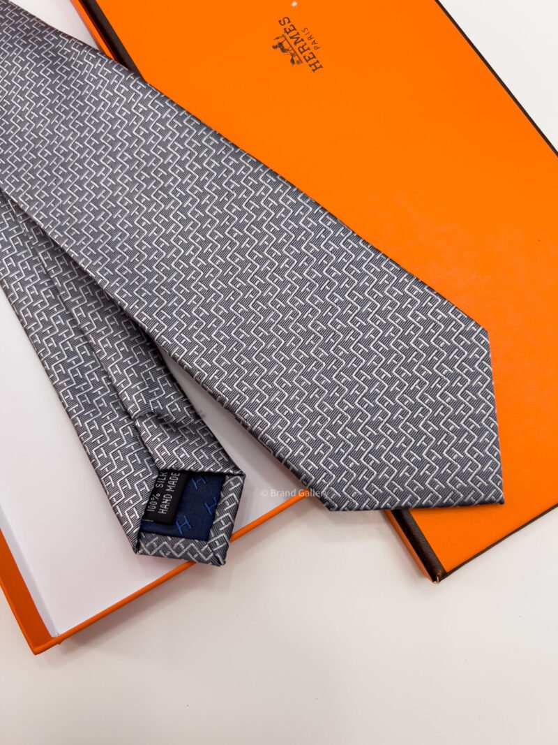 Hermes Grey H STAIRS PATTERN SILK TIE
