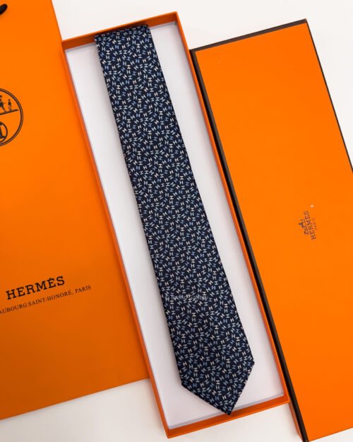 Hermes Navy H PATTERN SILK TIE