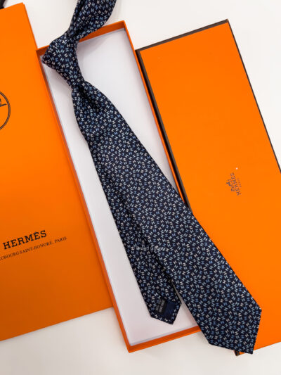 Hermes Navy H PATTERN SILK TIE