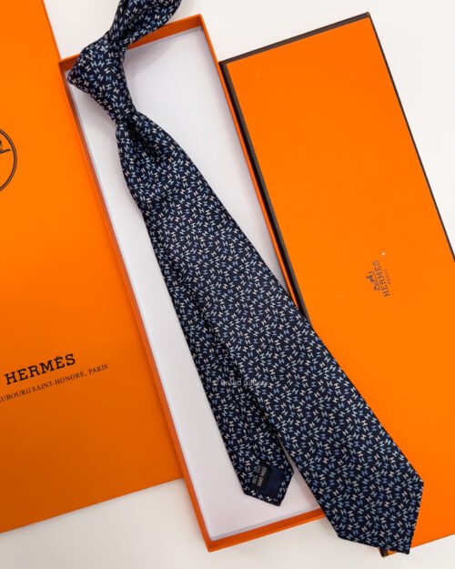 Hermes Navy H PATTERN SILK TIE