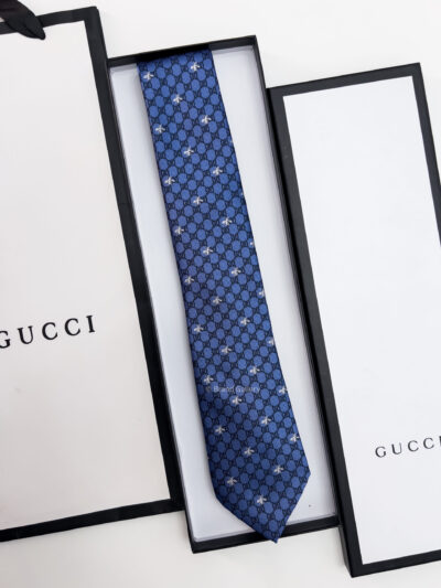 Gucci Shiny Blue GG BEES SILK TIE