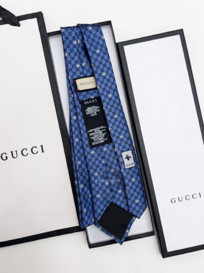 Gucci Shiny Blue GG BEES SILK TIE