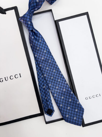 Gucci Shiny Blue GG BEES SILK TIE