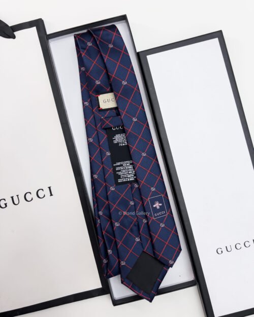 Gucci Navy GG AND CHECK JACQUARD SILK TIE