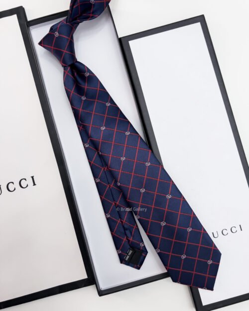Gucci Navy GG AND CHECK JACQUARD SILK TIE