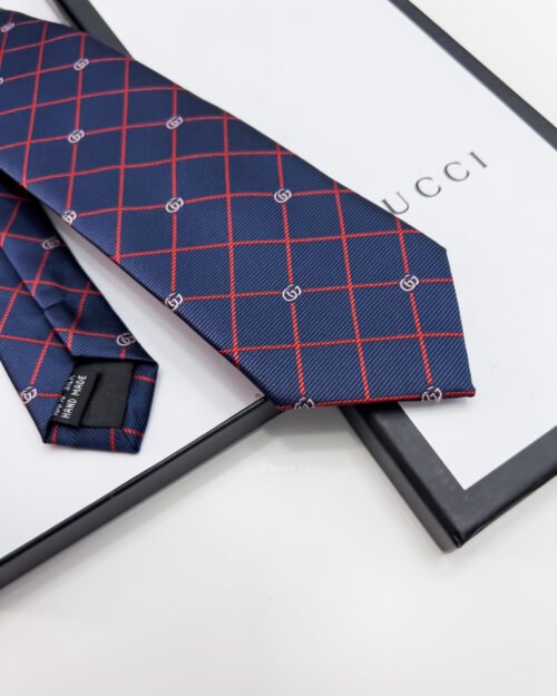 Gucci Navy GG AND CHECK JACQUARD SILK TIE