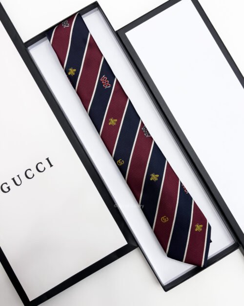 Gucci Dark Red and Navy BEE STRIPPED SILK TIE