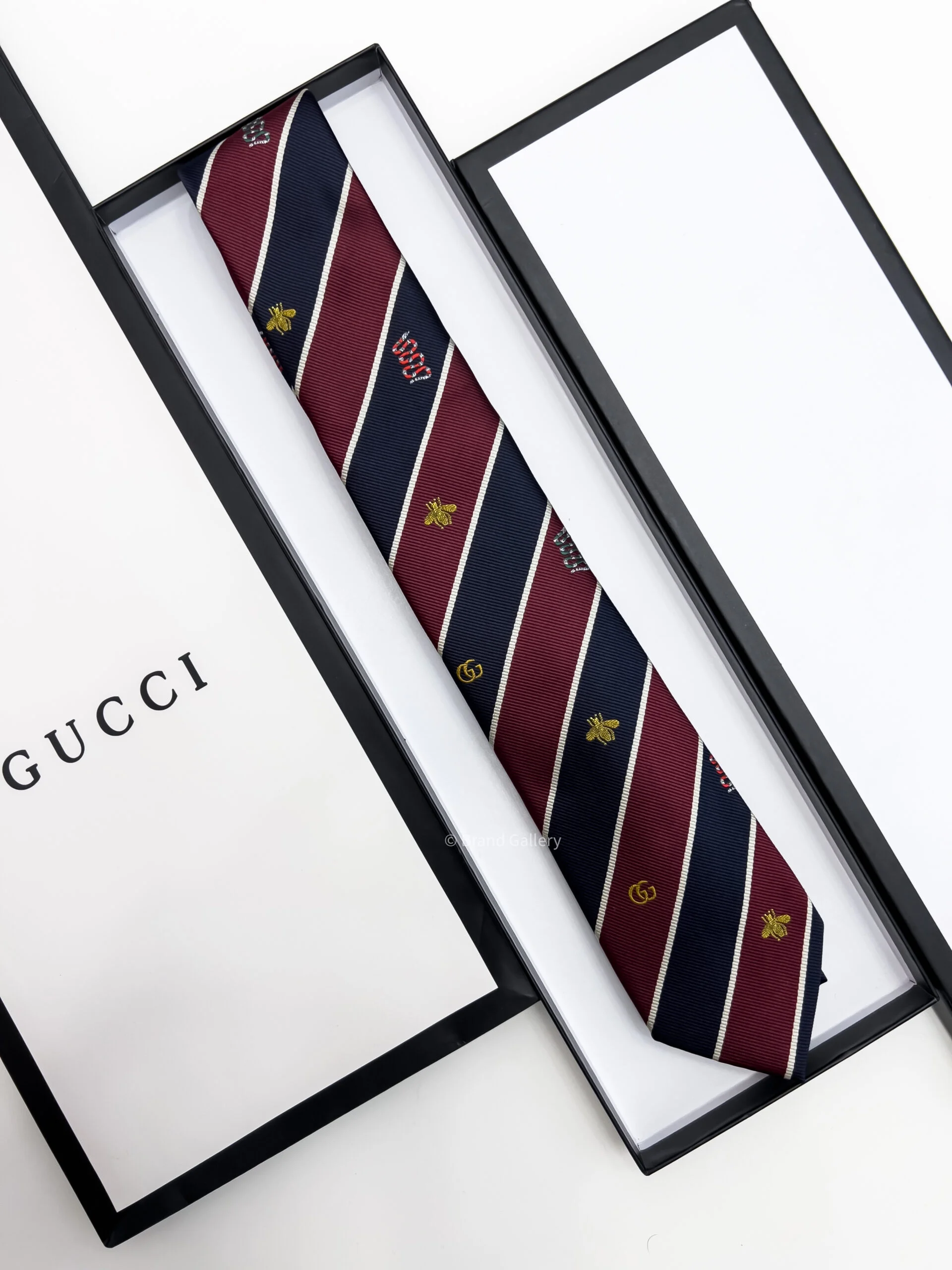 Dark Red and Navy BEE STRIPPED SILK TIE Image