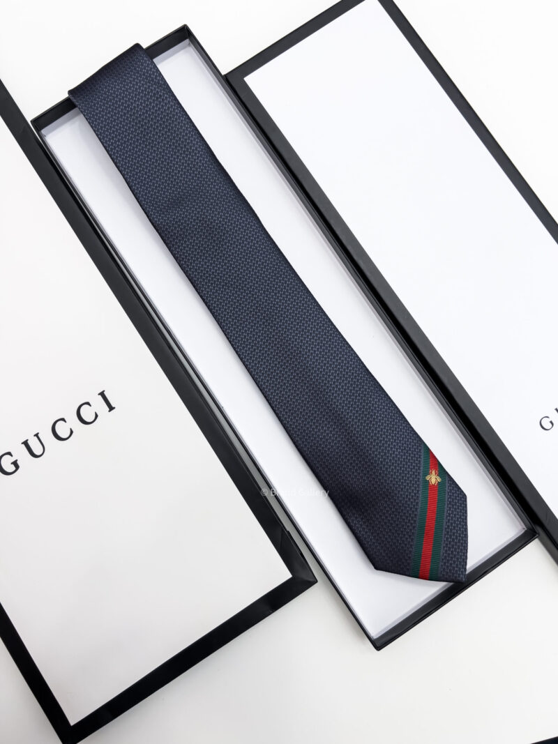 Gucci Grey FRAMED BEE WEB STRIPE SILK TIE