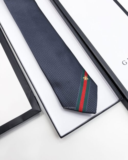 Gucci Grey FRAMED BEE WEB STRIPE SILK TIE