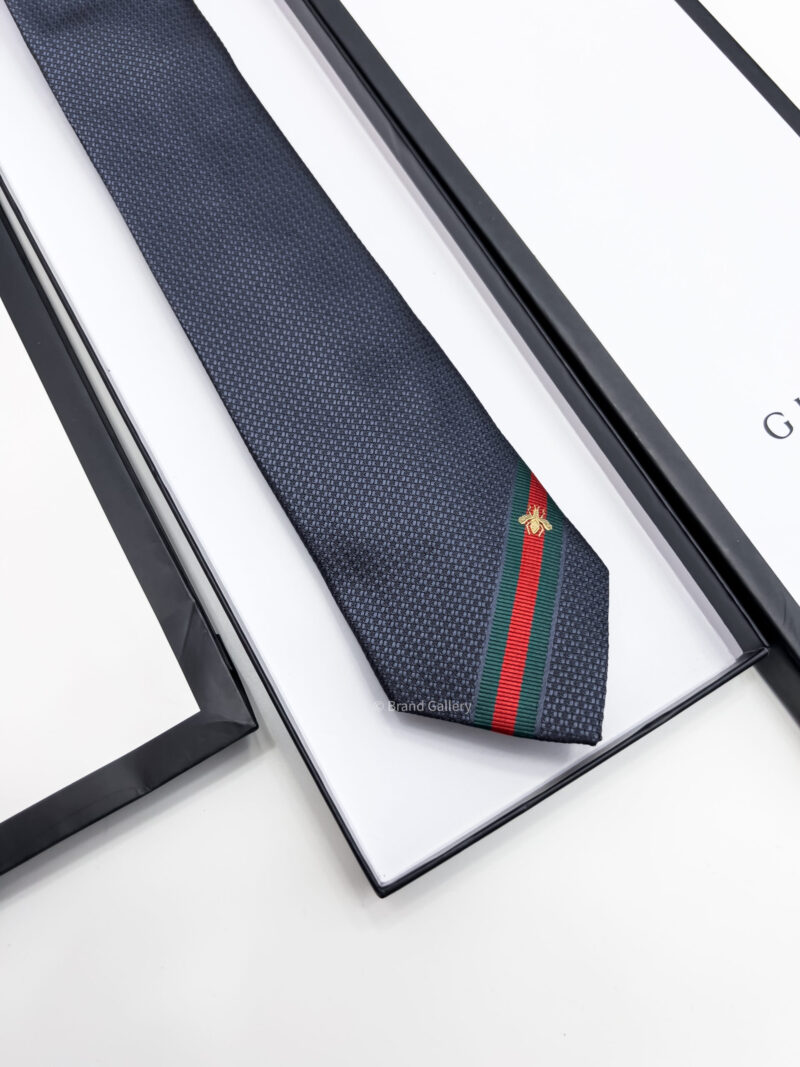 Gucci Grey FRAMED BEE WEB STRIPE SILK TIE