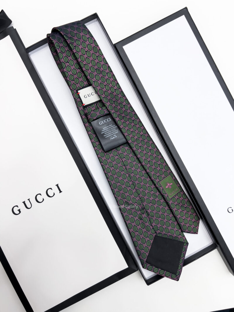 Gucci Green GG AND RHOMBUS MOTIF SILK TIE