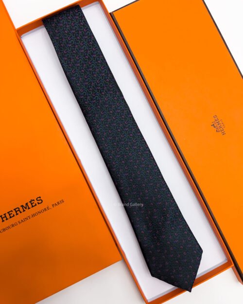 Hermes Black HORSESHOE SILK TIE
