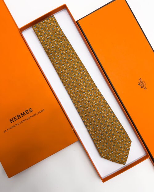 Hermes Orange VINTAGE H PATTERN SILK TIE