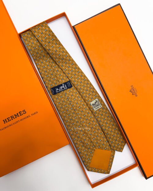 Hermes Orange VINTAGE H PATTERN SILK TIE