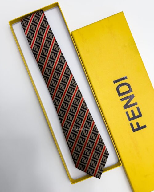 Fendi Coffee and Red LINED FF SILK TIE