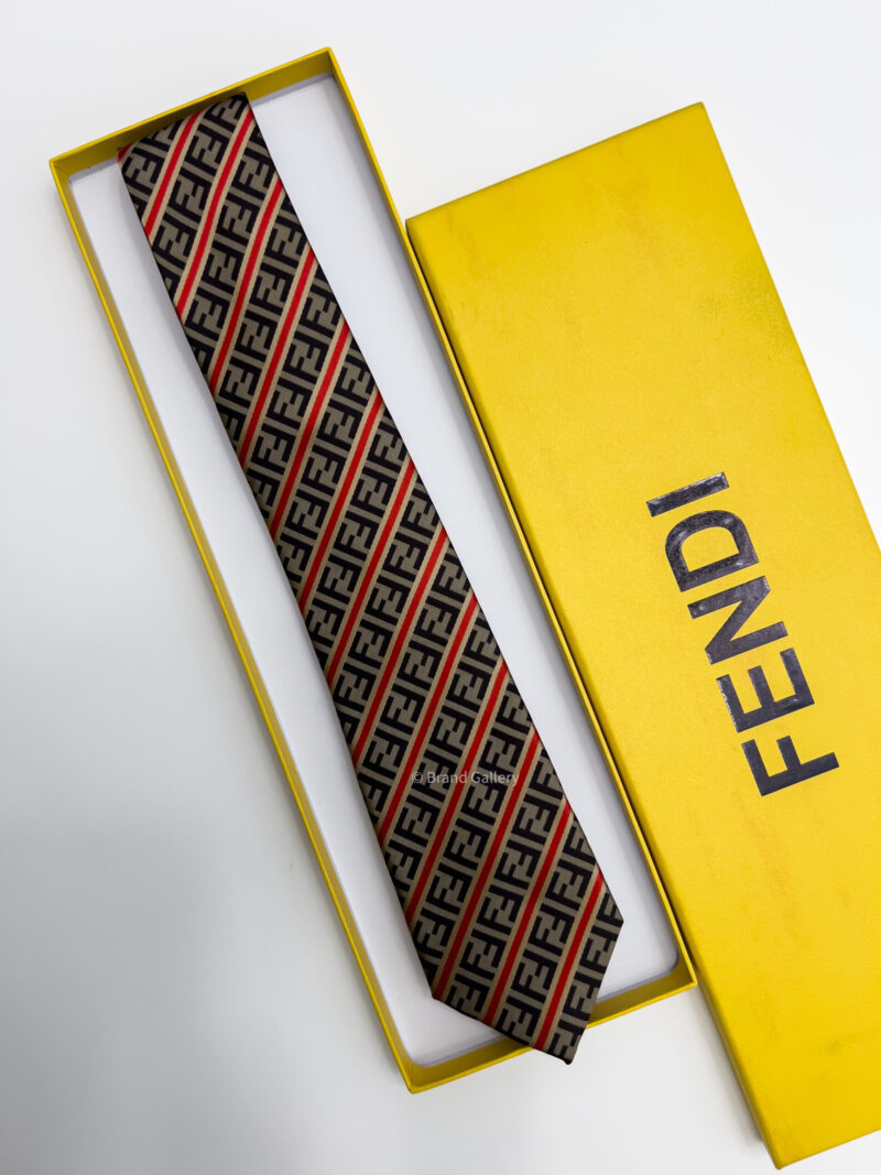 Fendi Coffee and Red LINED FF SILK TIE