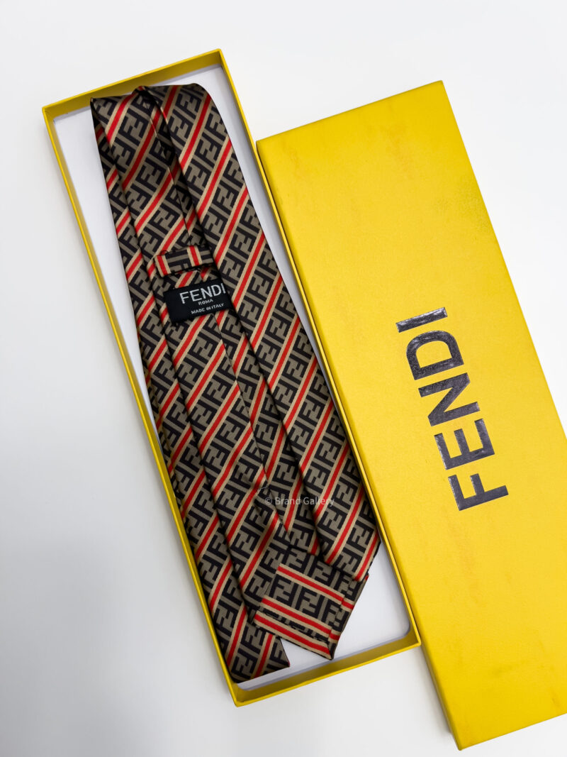 Fendi Coffee and Red LINED FF SILK TIE