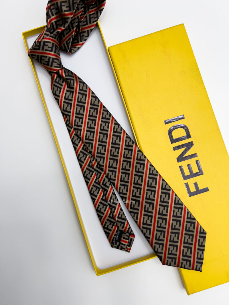 Fendi Coffee and Red LINED FF SILK TIE