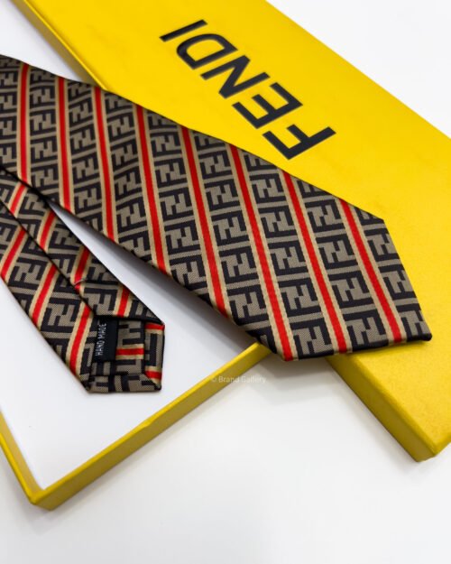 Fendi Coffee and Red LINED FF SILK TIE