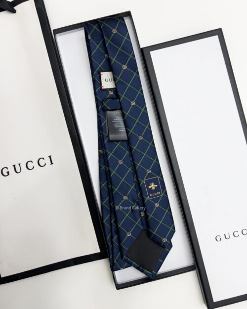 Gucci Navy GG AND Green CHECK JACQUARD SILK TIE