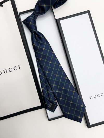 Gucci Navy GG AND Green CHECK JACQUARD SILK TIE