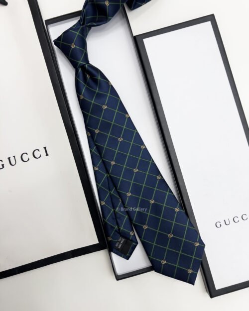 Gucci Navy GG AND Green CHECK JACQUARD SILK TIE