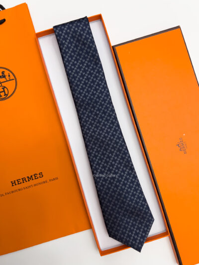 Hermes Navy DIAMOND H PATTERN SILK TIE