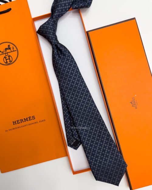 Hermes Navy DIAMOND H PATTERN SILK TIE