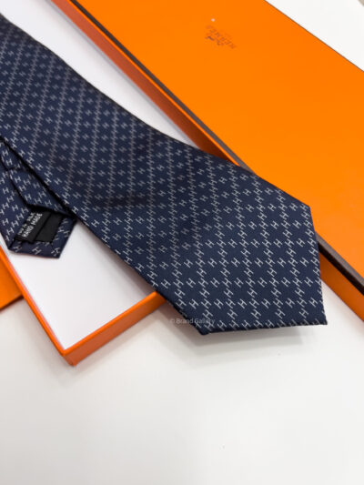 Hermes Navy DIAMOND H PATTERN SILK TIE