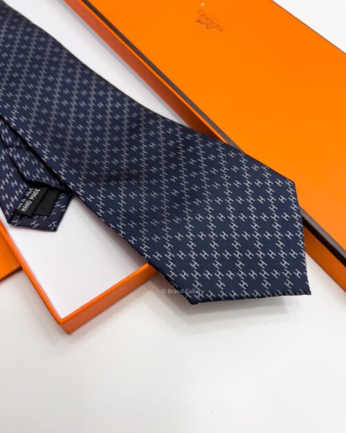 Hermes Navy DIAMOND H PATTERN SILK TIE