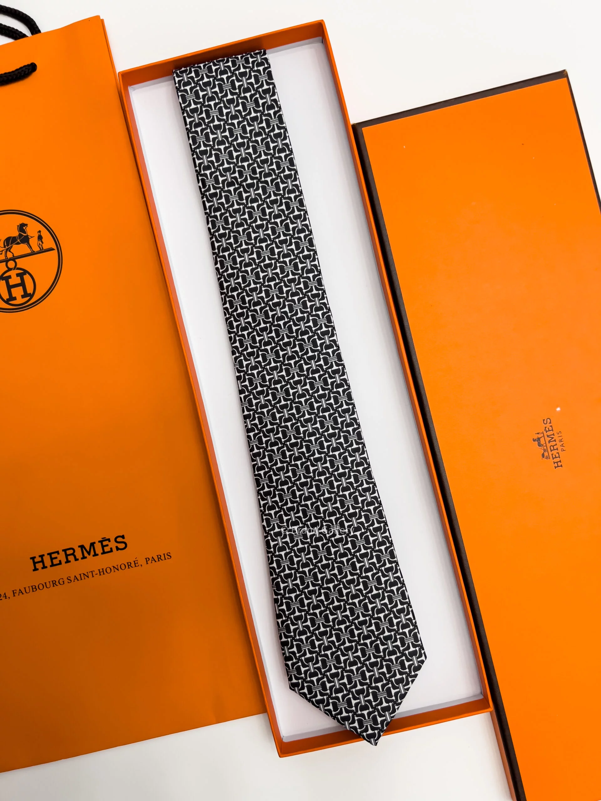 Hermes Black and White VECTOR H SILK TIE