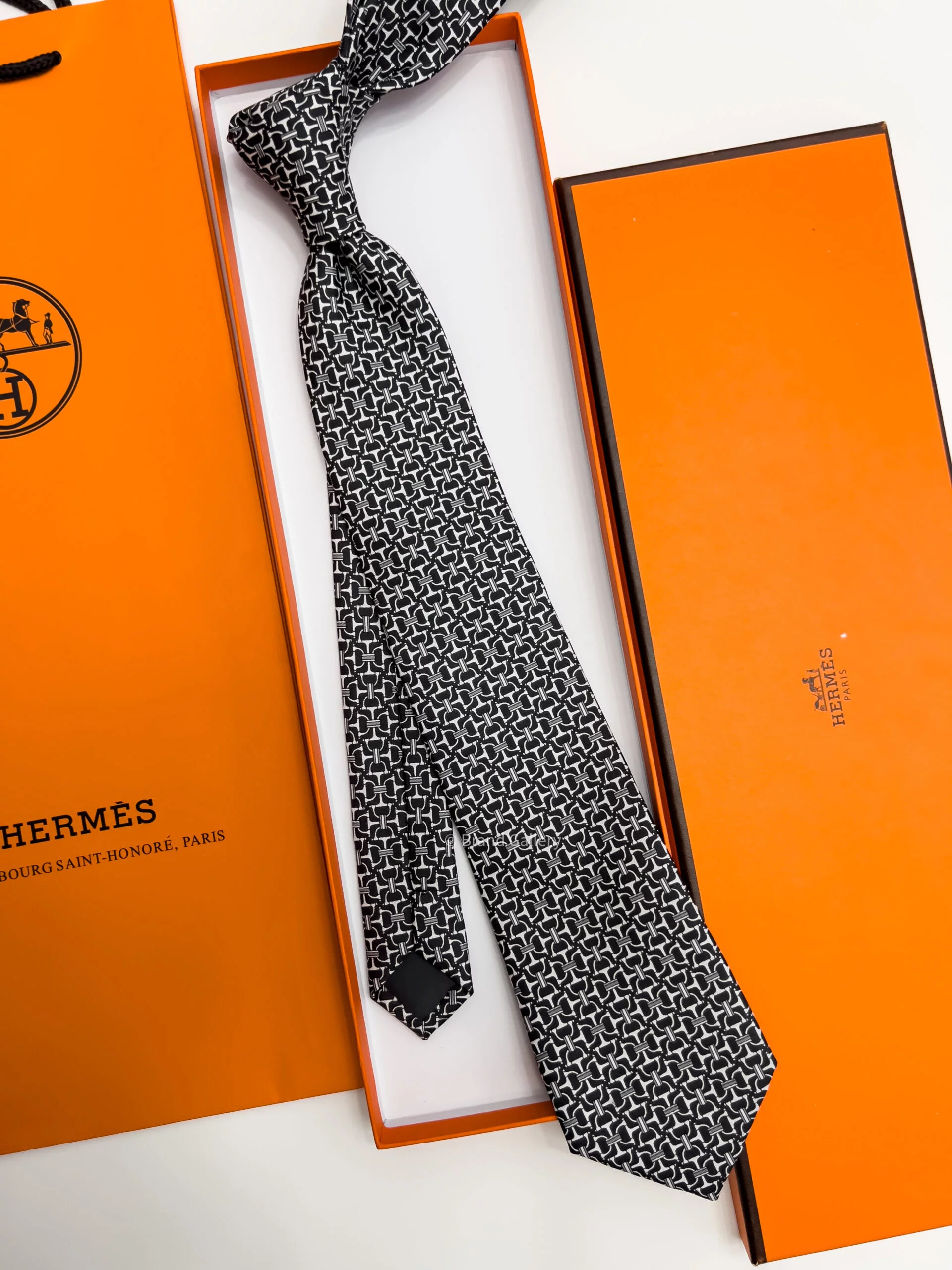 Hermes Black and White VECTOR H SILK TIE