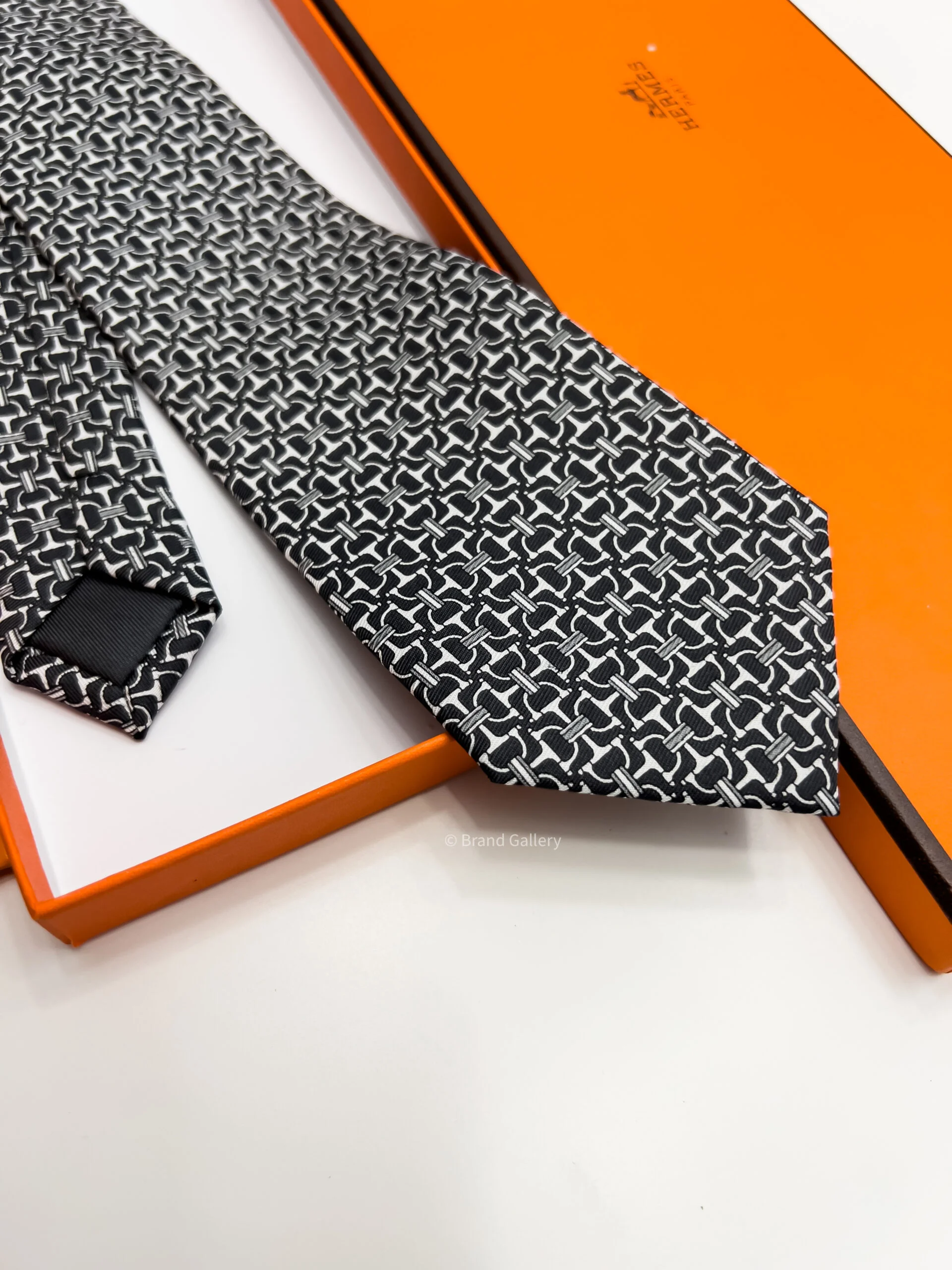 Hermes Black and White VECTOR H SILK TIE