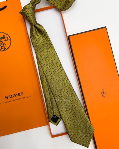 Hermes Olive PETITS MAILLONS SILK TIE