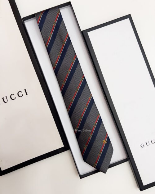 Gucci Grey HORSEBIT STRIPED SILK TIE