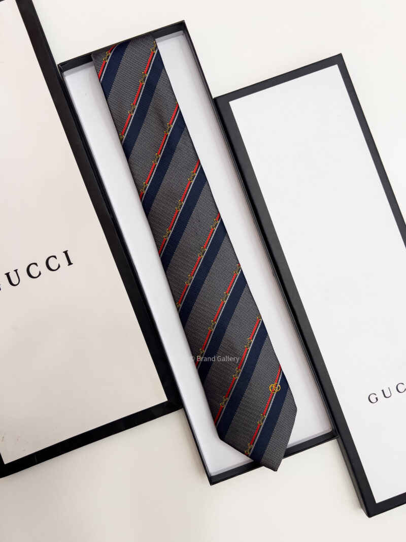 Gucci Grey HORSEBIT STRIPED SILK TIE