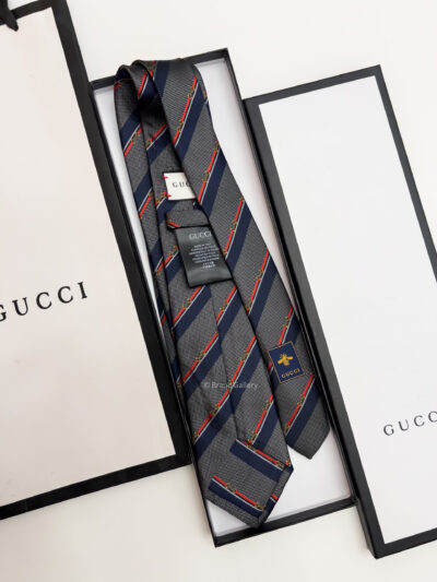 Gucci Grey HORSEBIT STRIPED SILK TIE