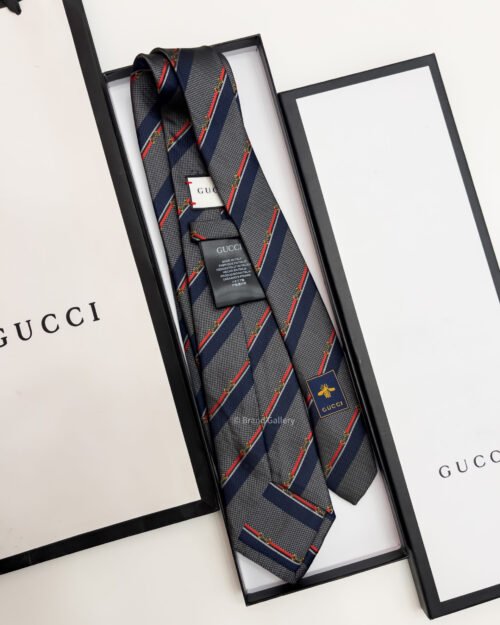 Gucci Grey HORSEBIT STRIPED SILK TIE